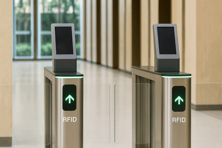 RFID portal installed in a corporate area, with sensors and tags being read automatically for asset control and real-time traceability.